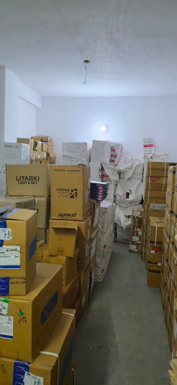Cartons of Litaski, Pressfit and other electrical stock in the Santosh Electricals warehouse