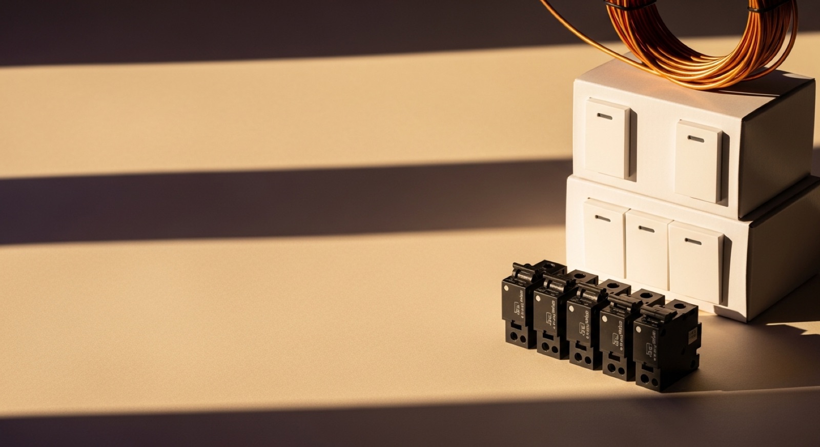 Curated electrical wholesale products at Santosh Electricals Sowcarpet — modular switch boxes, copper wire coil and MCBs in warm catalogue arrangement
